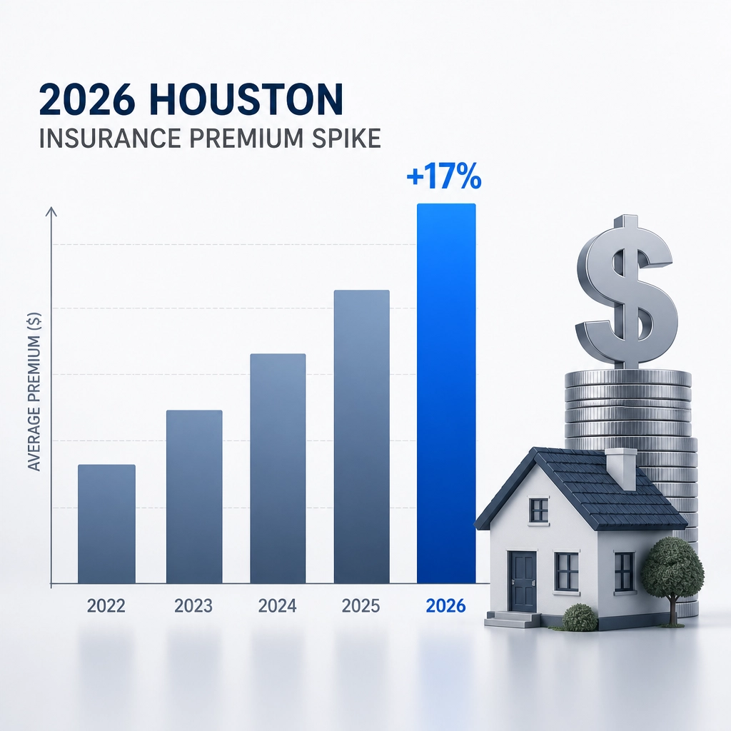 A conceptual graphic showing a rising bar chart with a +17% spike for 2026 Houston insurance premiums