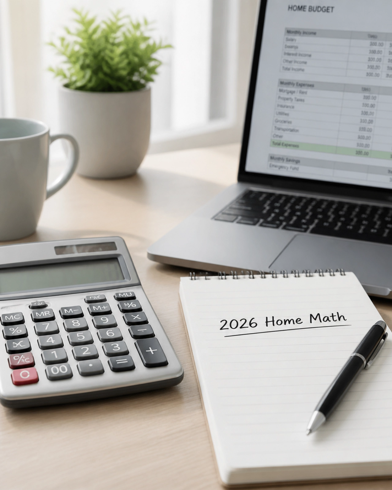 Professional financial planning setup with a calculator and notebook labeled '2026 Home Math'.