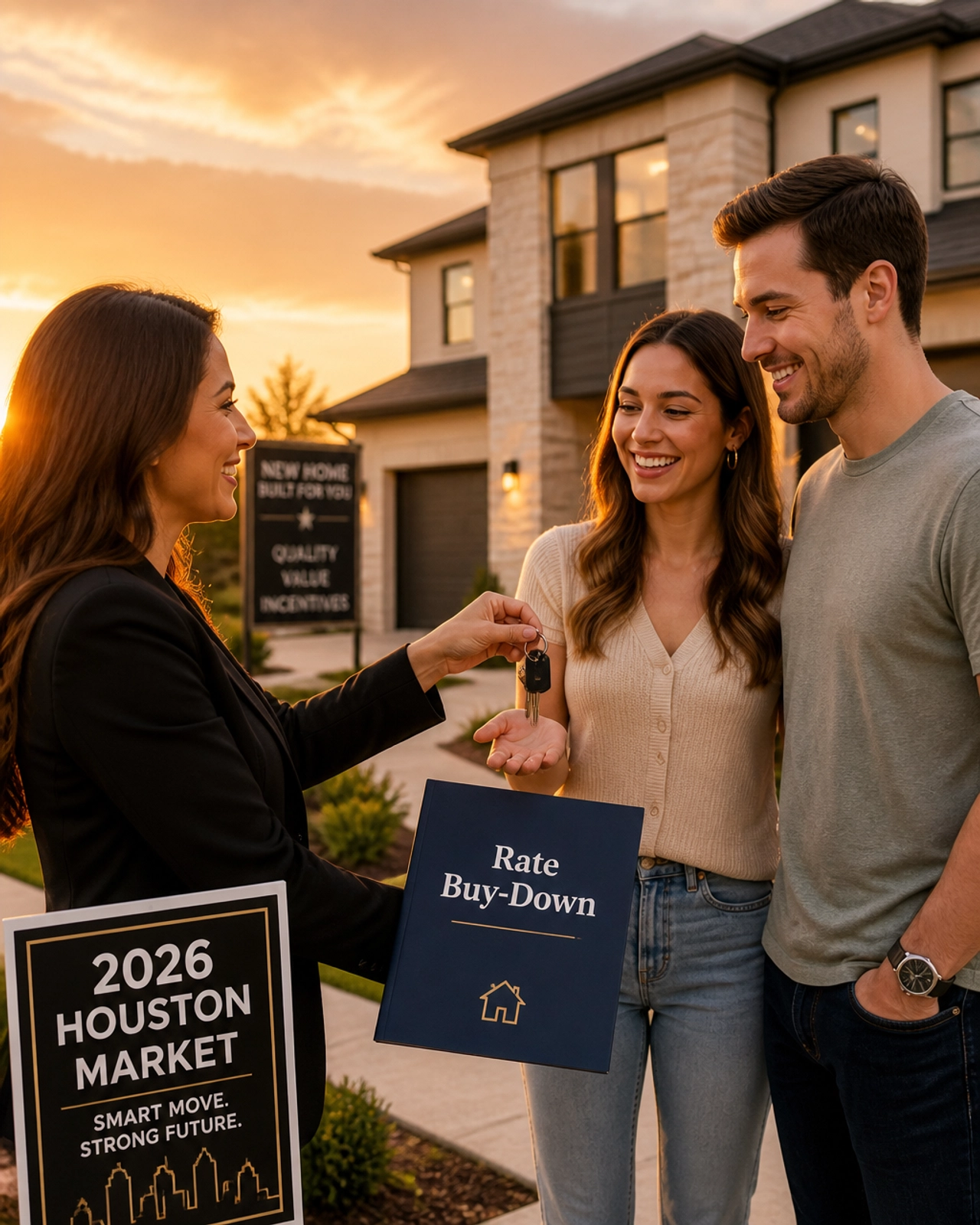 Real estate agent handing keys to a couple with a folder labeled 'Rate Buy-Down'