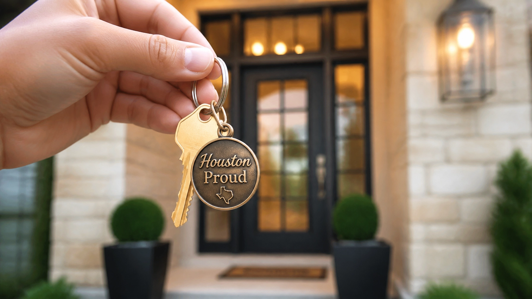 Close-up of a hand holding a brass house key with a 'Home Sweet Home' keychain in front of a new Houston home.