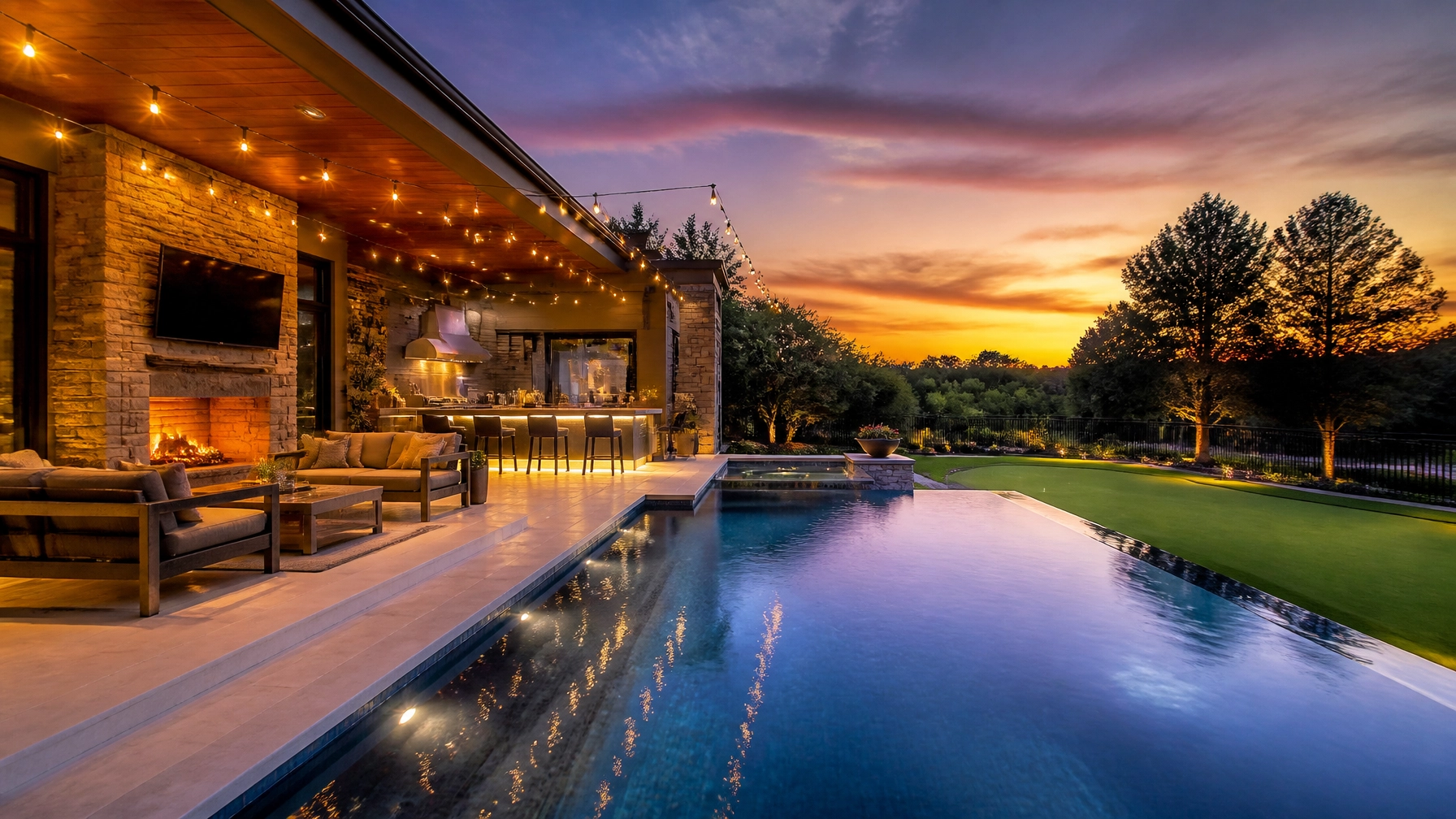 A luxury backyard oasis at sunset with an infinity-edge pool and outdoor kitchen