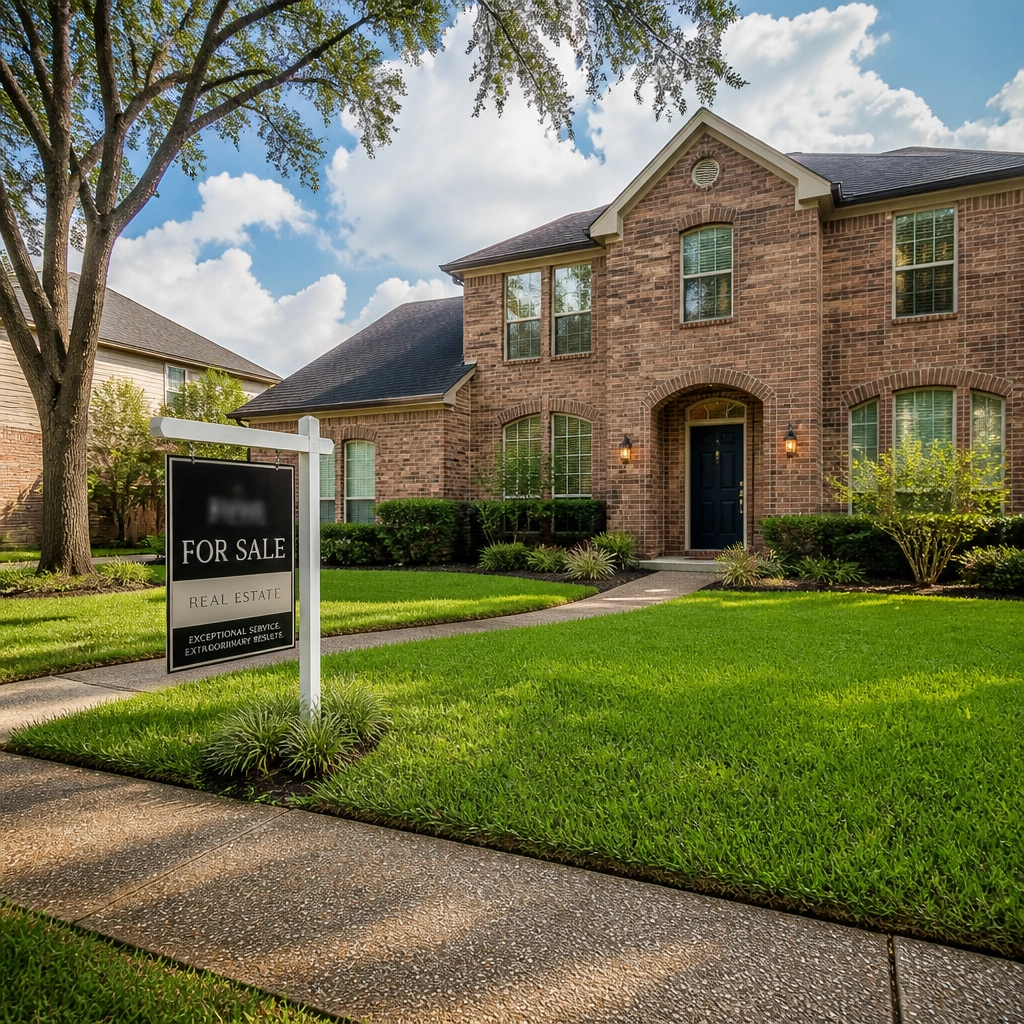 A charming brick home in a Houston suburb with a for sale sign that has been there for several weeks.