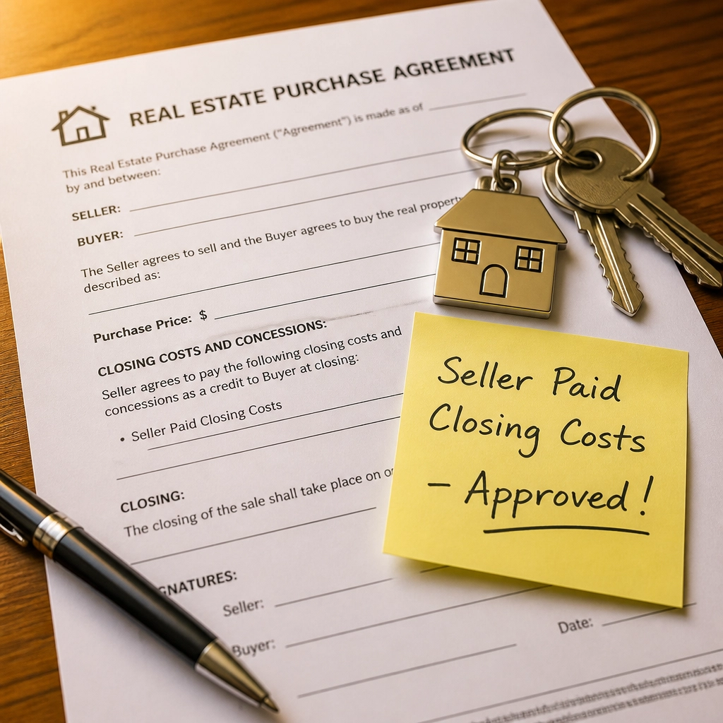 Real estate contract on a table with a note saying 'Seller Paid Closing Costs - Approved!'.