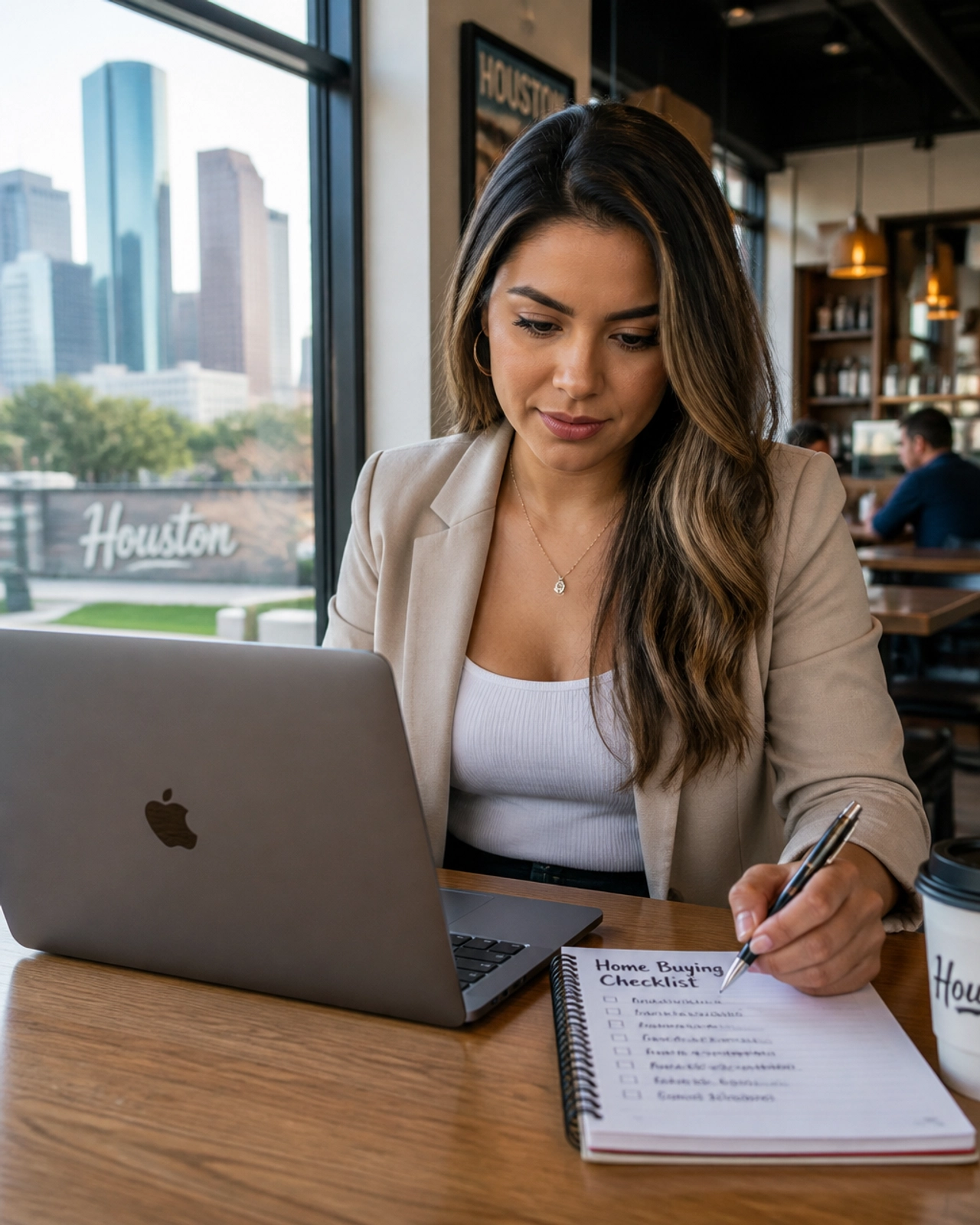 A young professional in a Houston cafe meticulously planning their home buying checklist on a laptop.