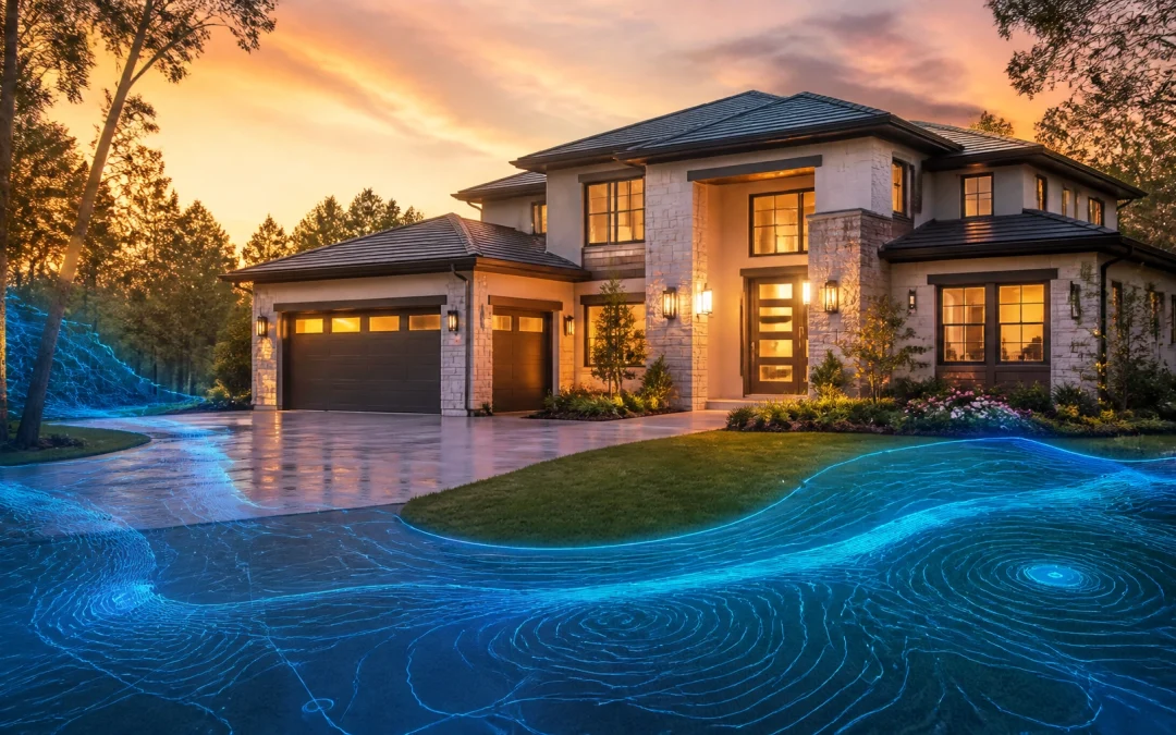 Modern Houston home with a digital flood map overlay