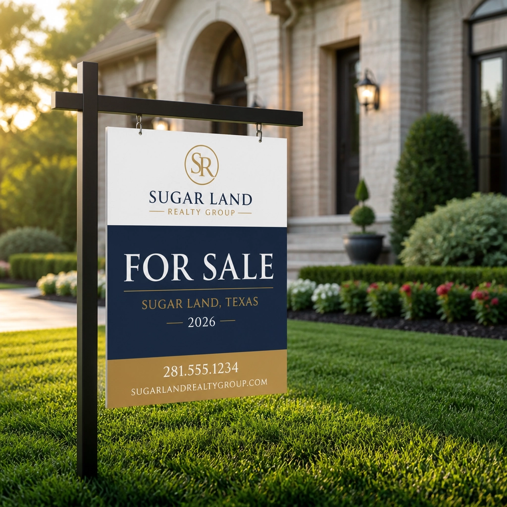 A professional 'For Sale' sign in a manicured Sugar Land lawn, representing the current balanced and stable real estate market.