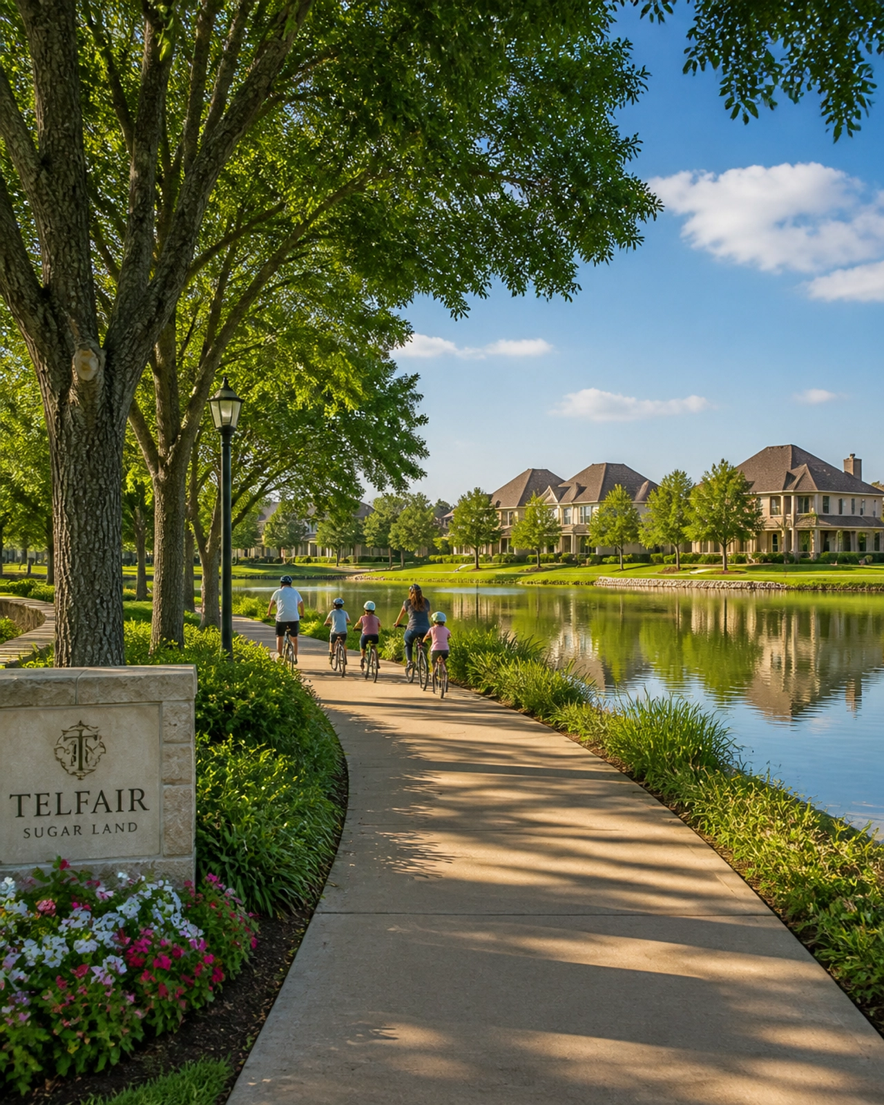A peaceful lakeside walking trail in a Sugar Land master-planned community, reflecting the high quality of life and outdoor amenities.