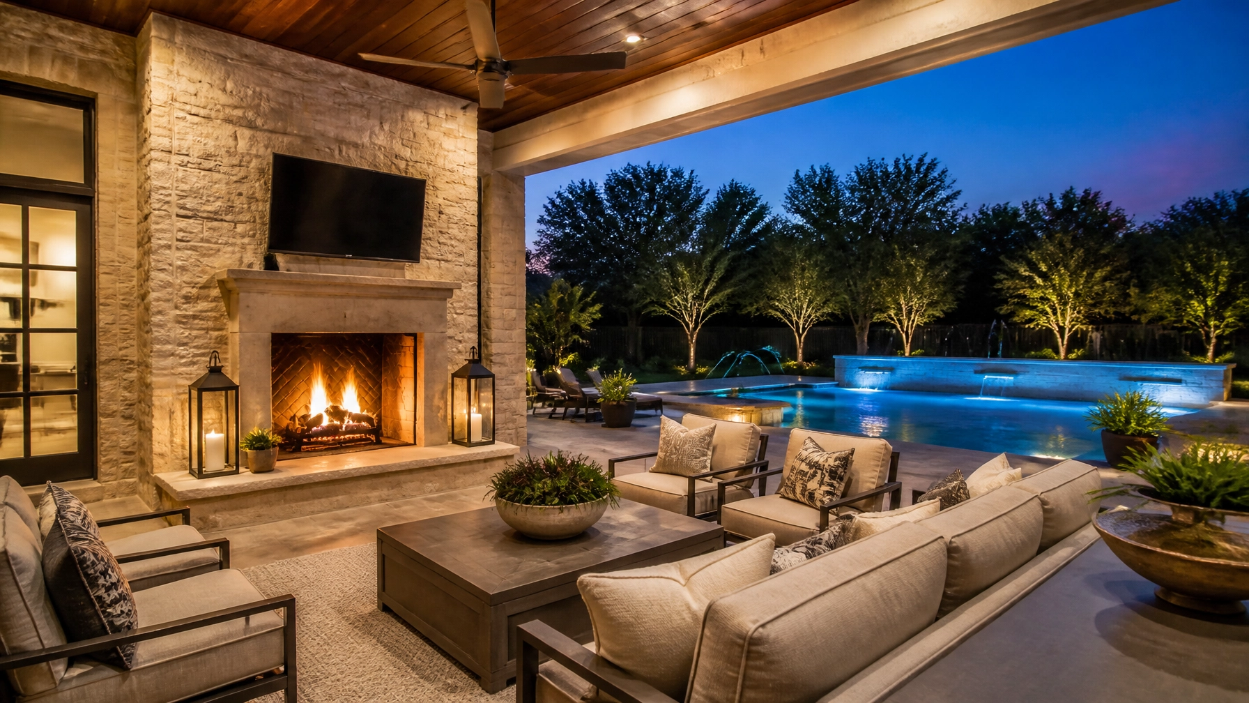 A professionally photographed outdoor living space in Houston featuring a stone fireplace and luxury patio furniture at twilight.