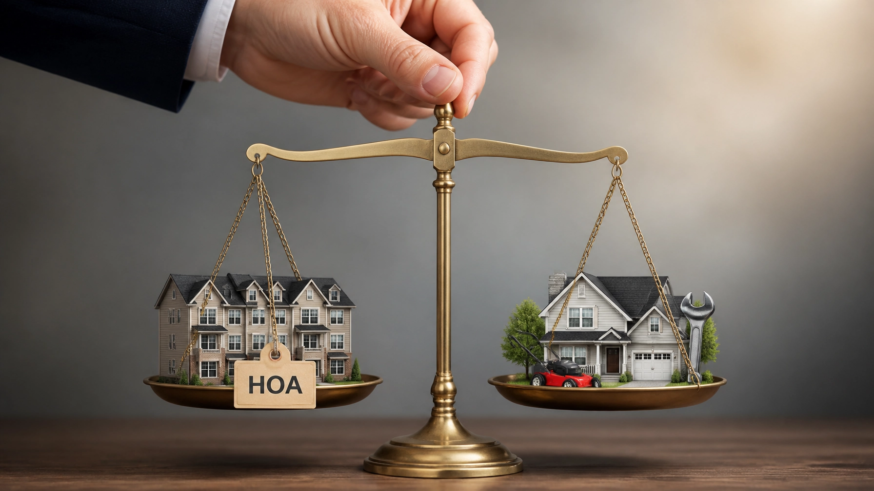 A conceptual scale balancing HOA fees against traditional home maintenance tools.