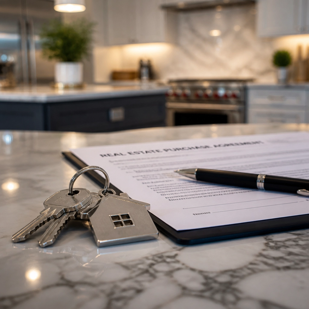 A close-up of house keys resting on a kitchen countertop next to a contract
