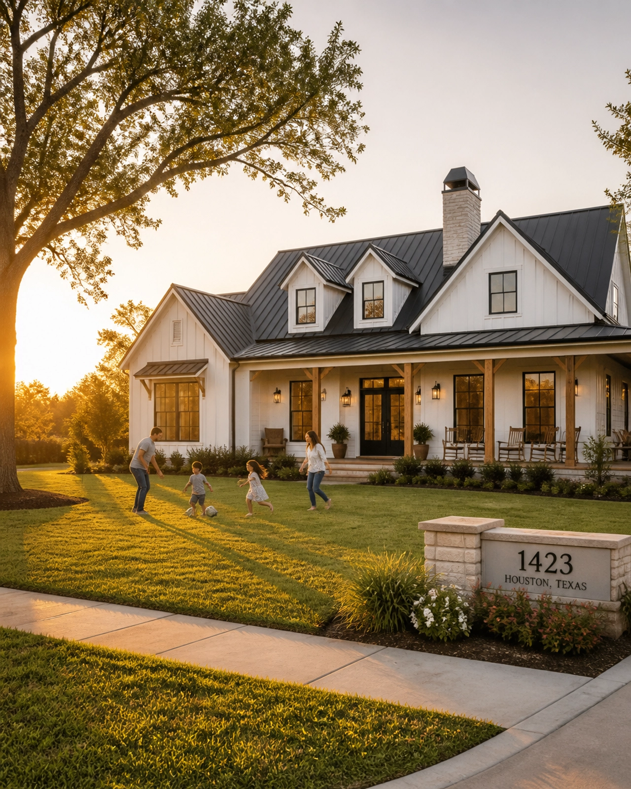 A family playing in front of a modern Houston farmhouse