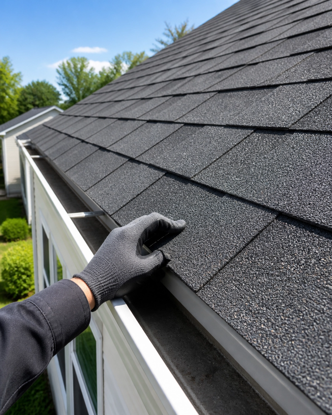 A professional roof inspection scene focusing on shingles and gutters.