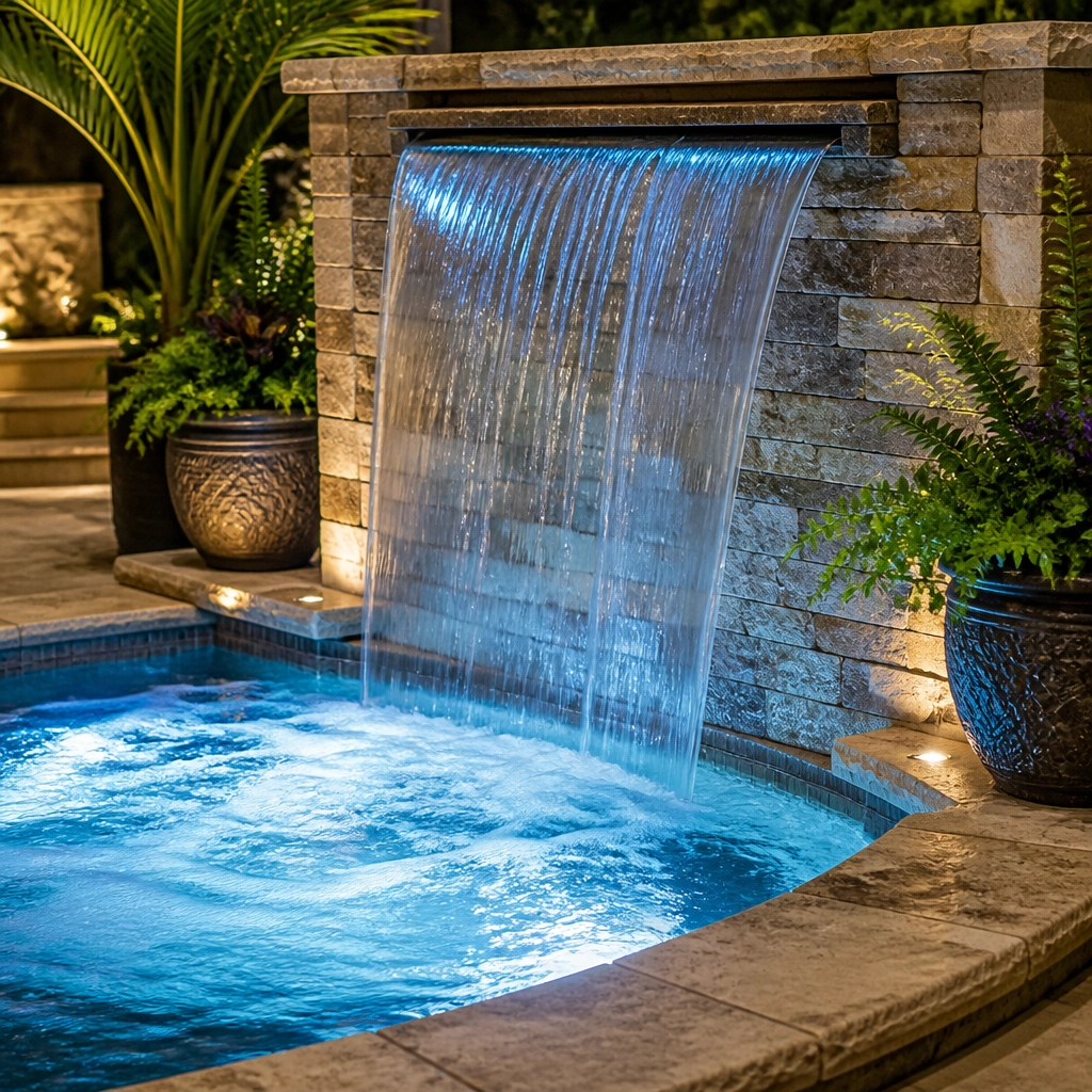 A close-up of a luxury pool waterfall feature with blue LED lighting