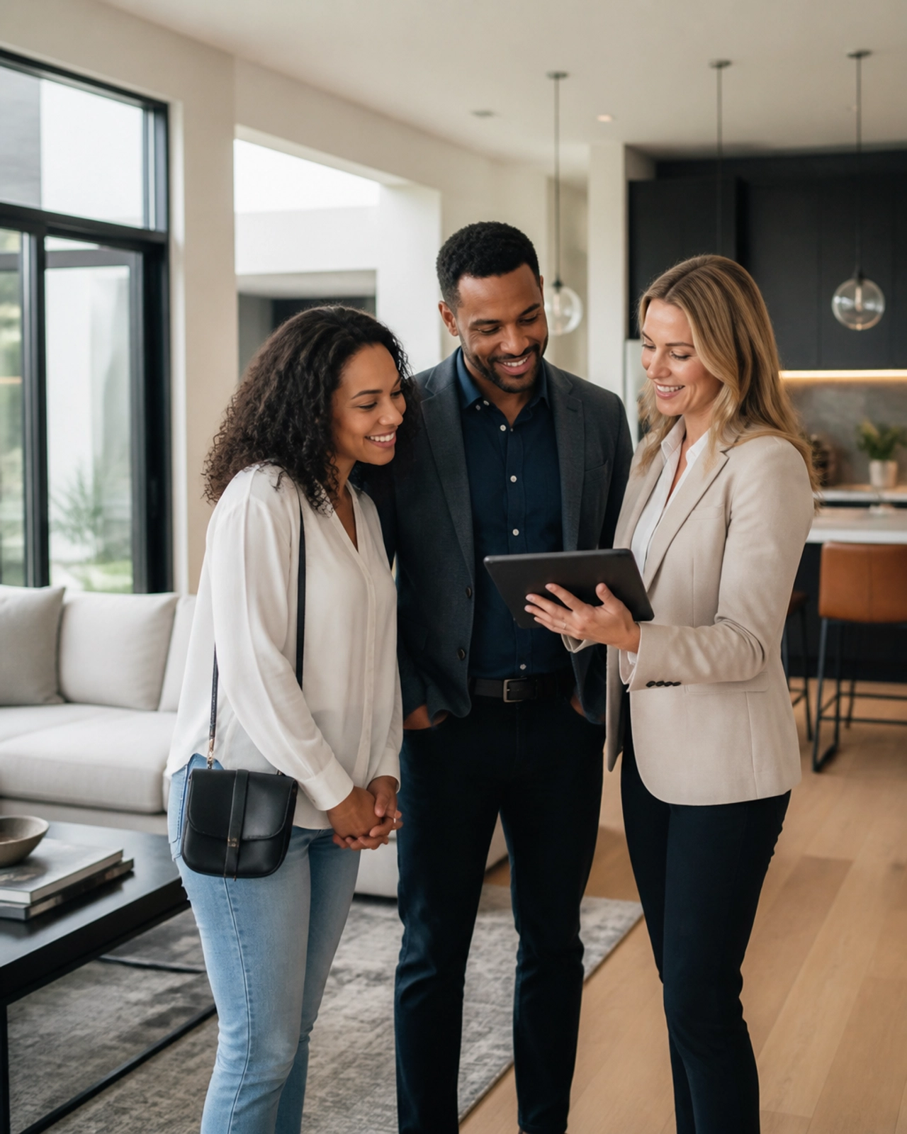A real estate agent and a savvy couple reviewing listings on a tablet