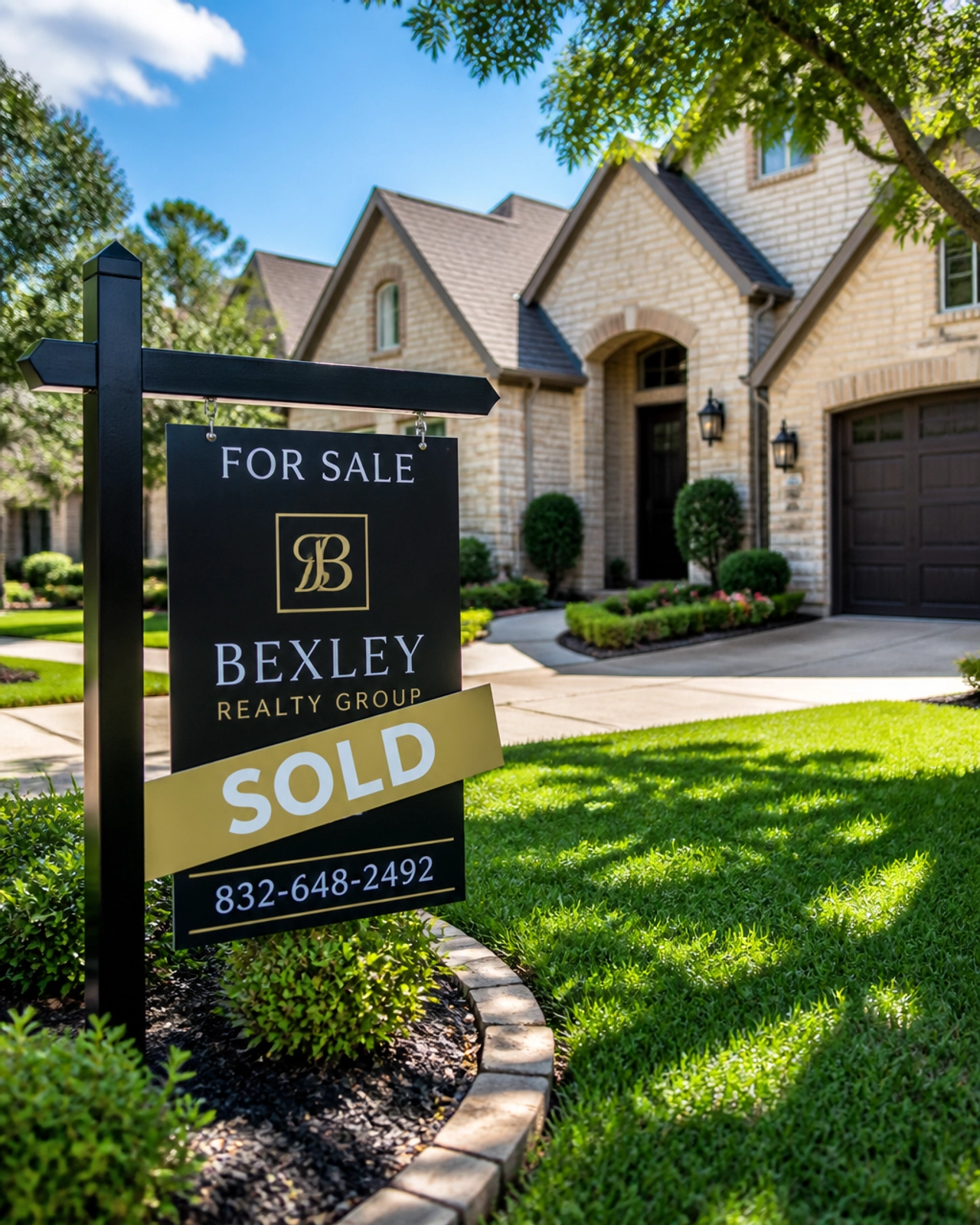 A 'SOLD' sign in a lush green front yard of a beautiful Houston home with the Bexley Realty Group logo.