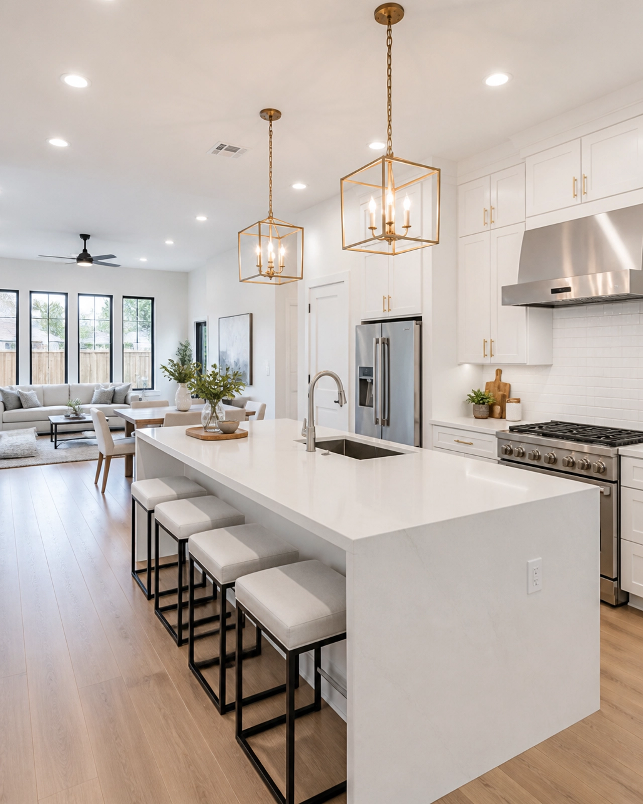 Modern open-concept kitchen in a new Houston home with white quartz countertops and stainless steel appliances