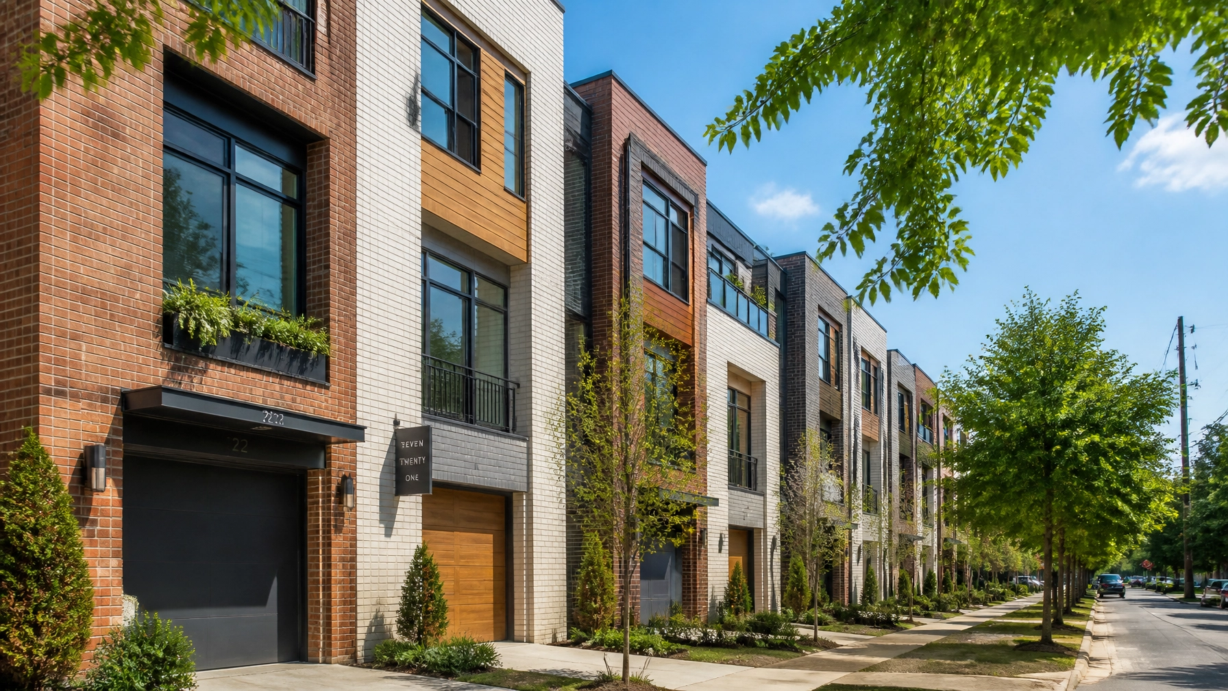Modern townhomes in a trendy Houston neighborhood like the Heights, showing contemporary architectural style.