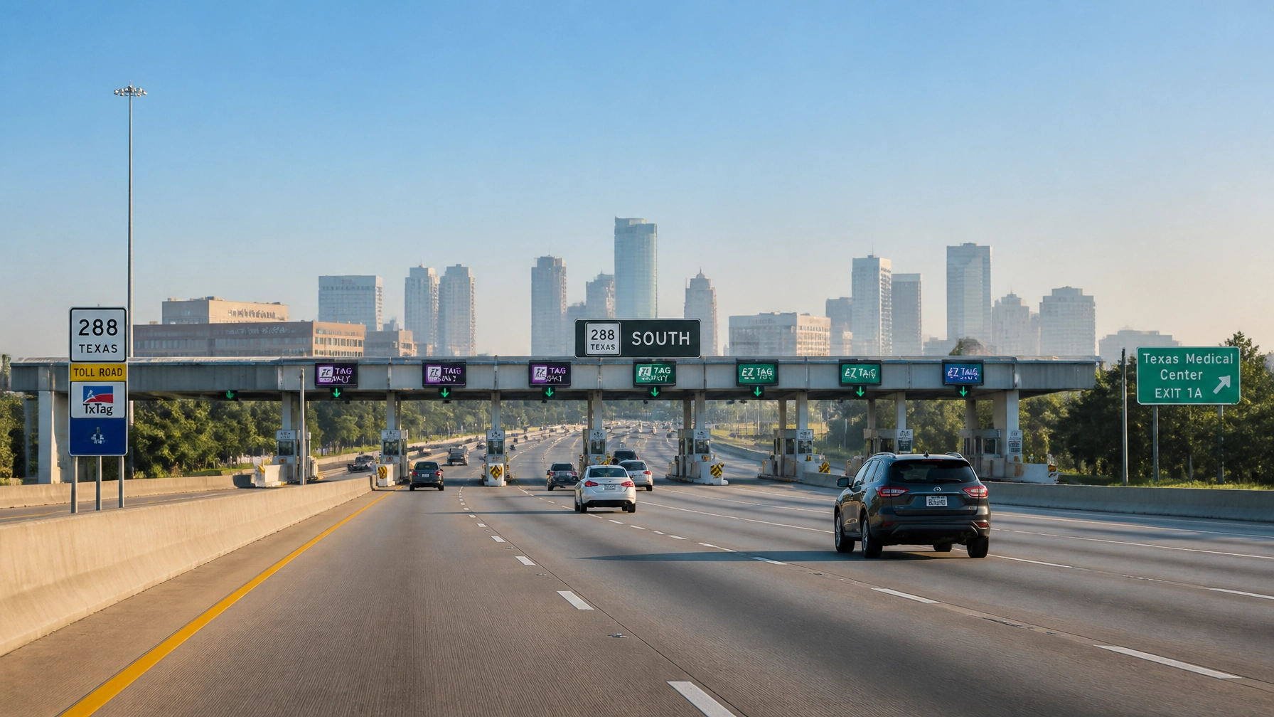 The Highway 288 toll lanes with the Houston Medical Center skyline visible in the distance
