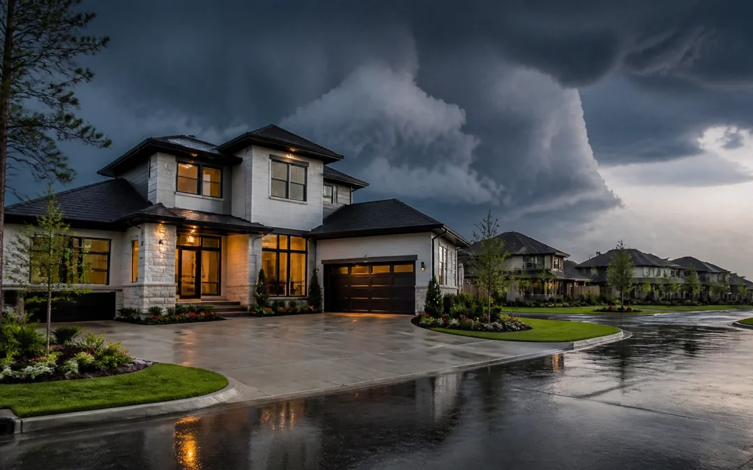 A high-end modern home in Houston under a dramatic sky with storm clouds approaching, representing the insurance challenges of 2026.