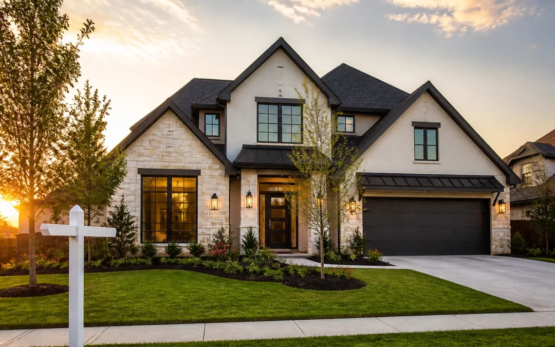 A beautiful Houston suburban home with a for sale sign during golden hour