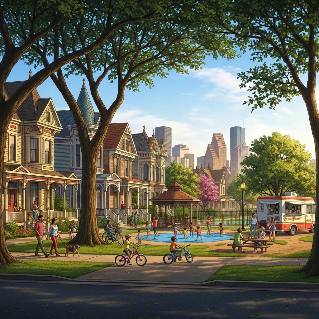 Charming view of The Heights neighborhood in Houston, showcasing historic homes and community life