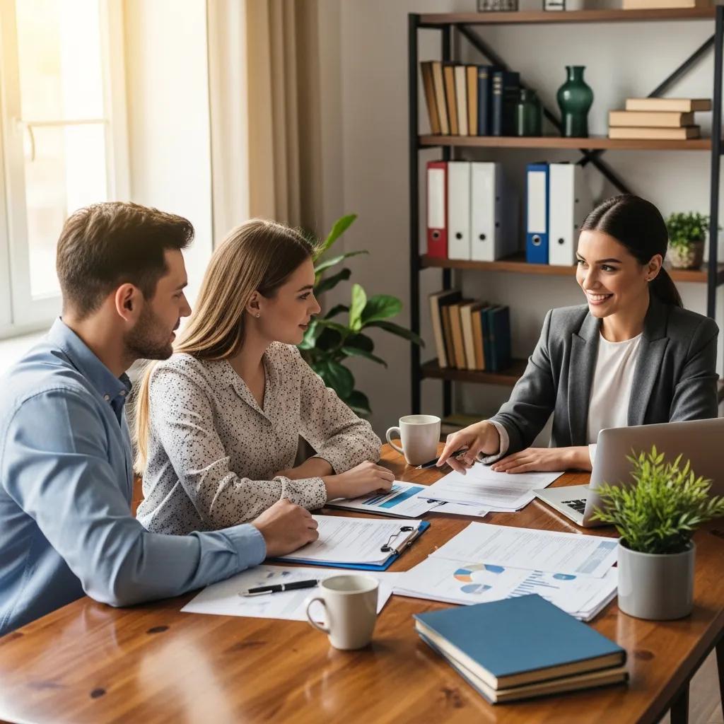 Couple consulting with a real estate agent about mortgage options in a professional setting