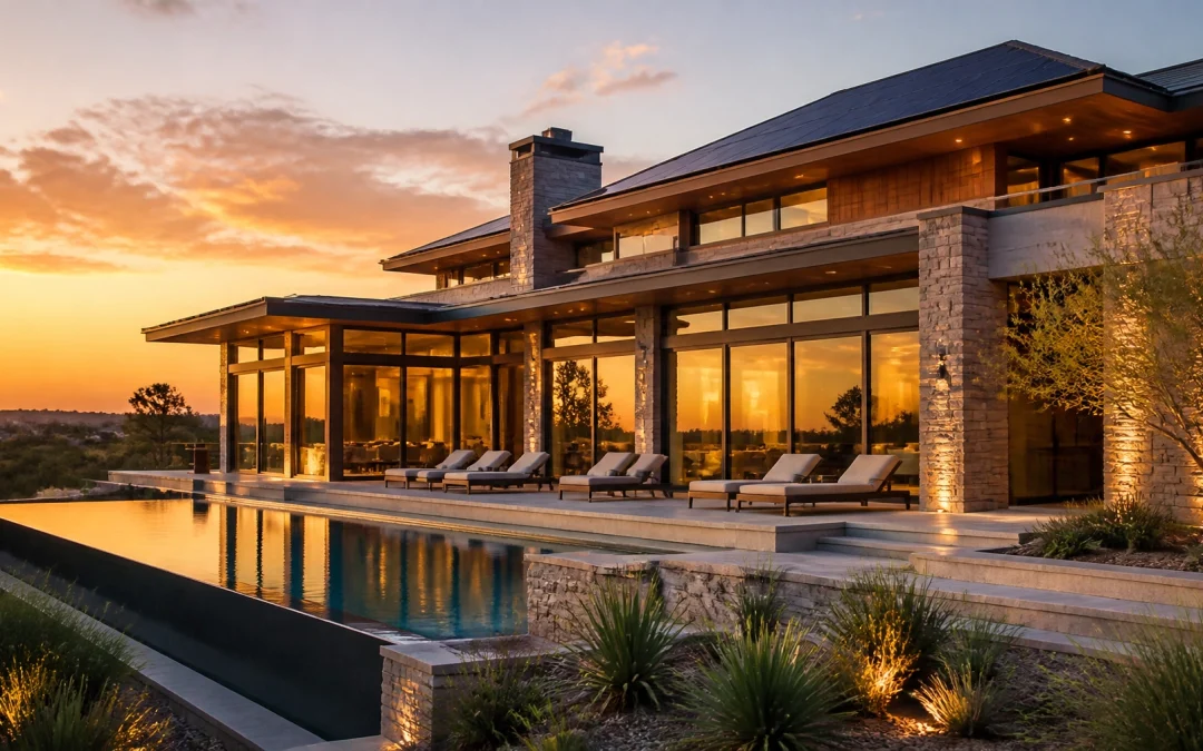 A breathtaking contemporary luxury mansion in Houston with sleek integrated solar shingles and high-efficiency floor-to-ceiling glass during golden hour.