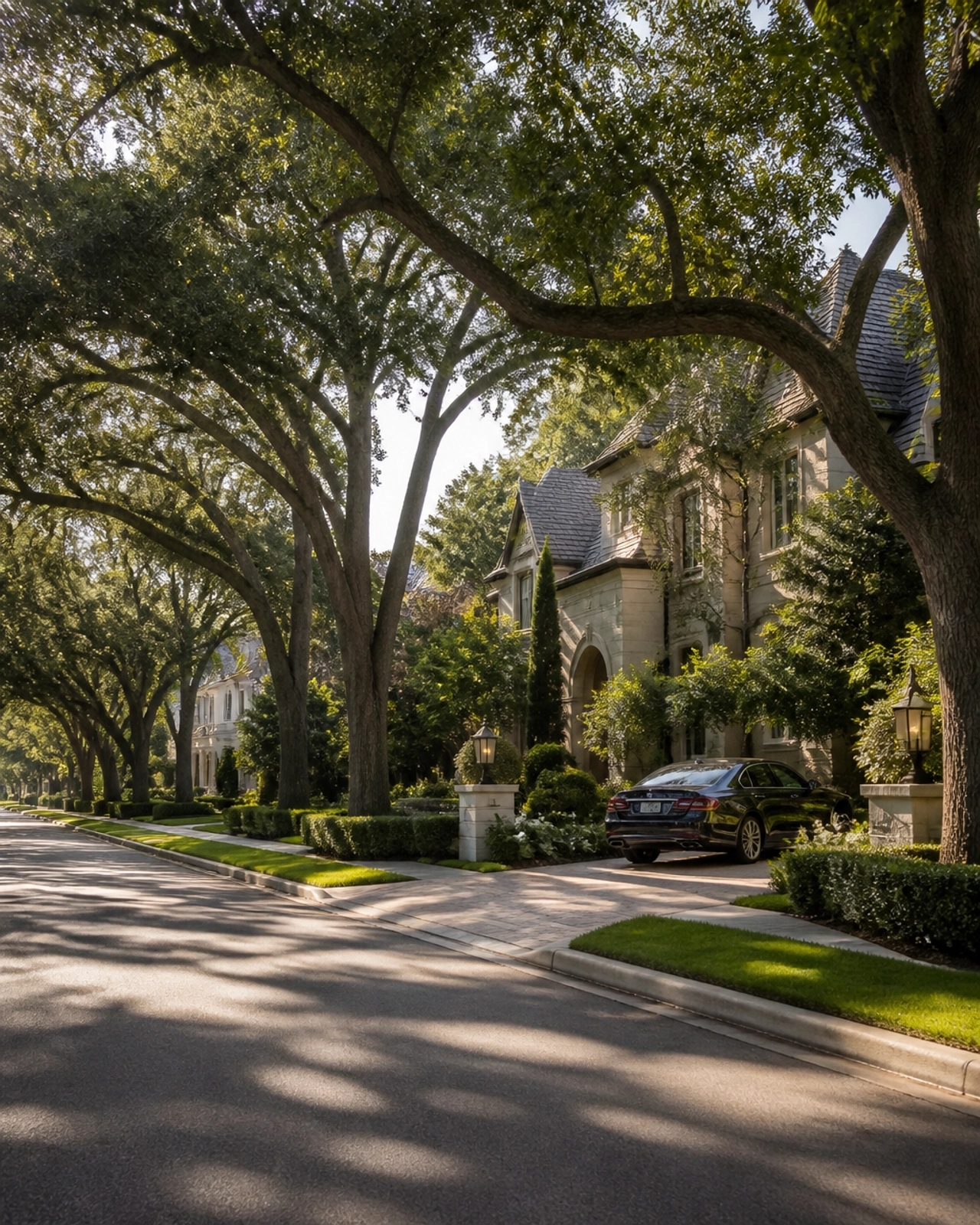 Quiet residential street in a prestigious Houston neighborhood with large oak trees