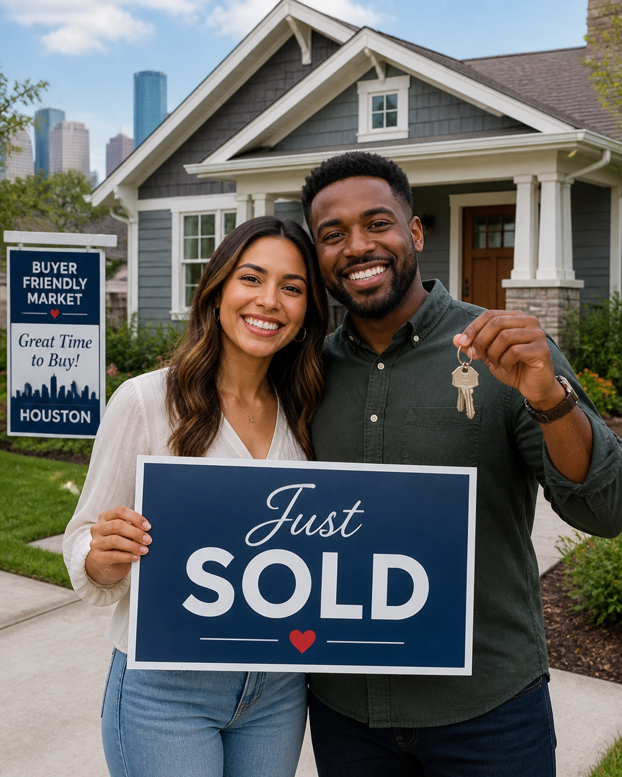 A happy couple holding keys to their new home, celebrating their successful purchase in a buyer's market.