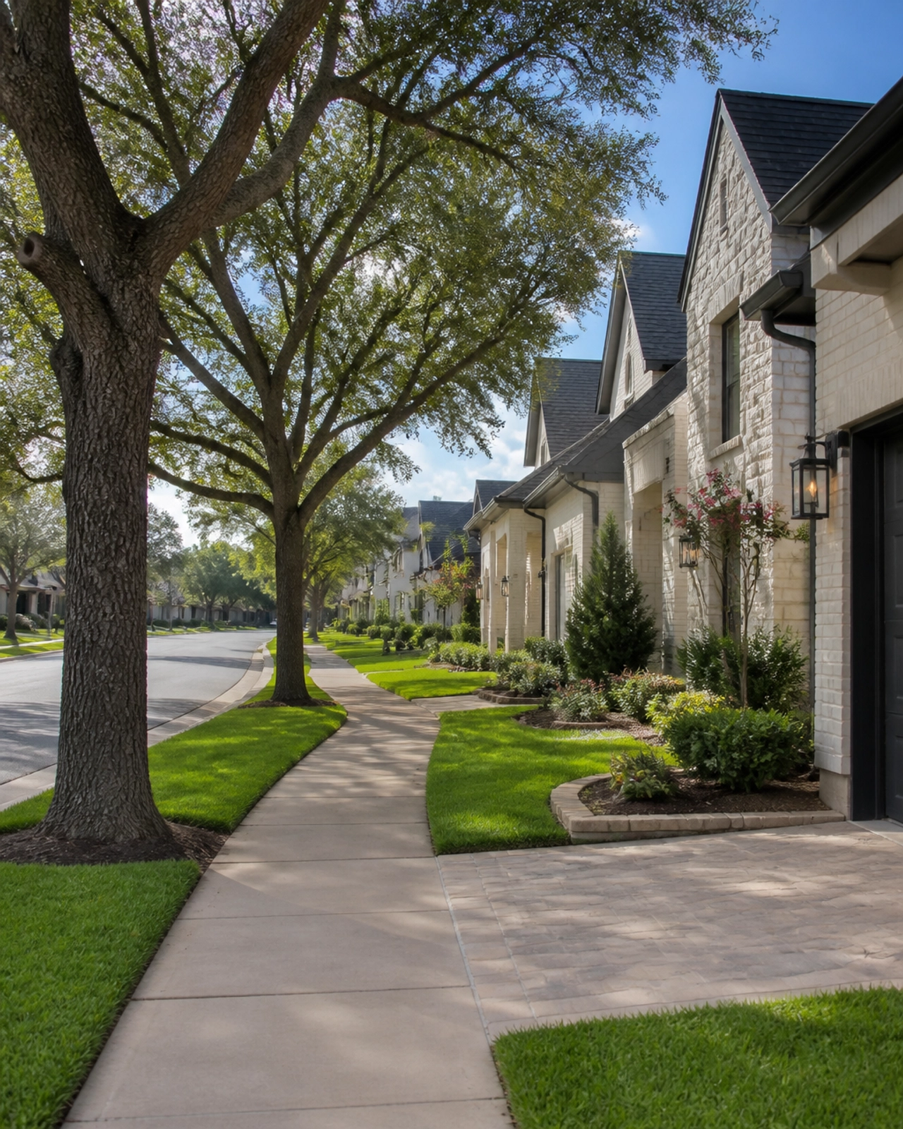 A peaceful suburban street in a Houston neighborhood