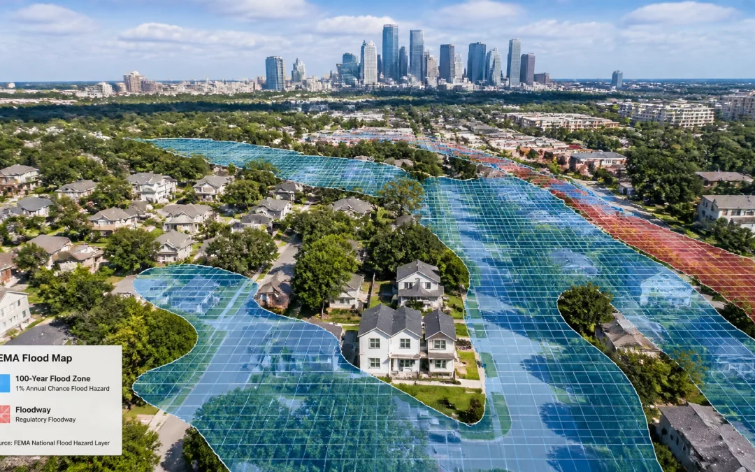 Houston neighborhood with digital flood map overlay