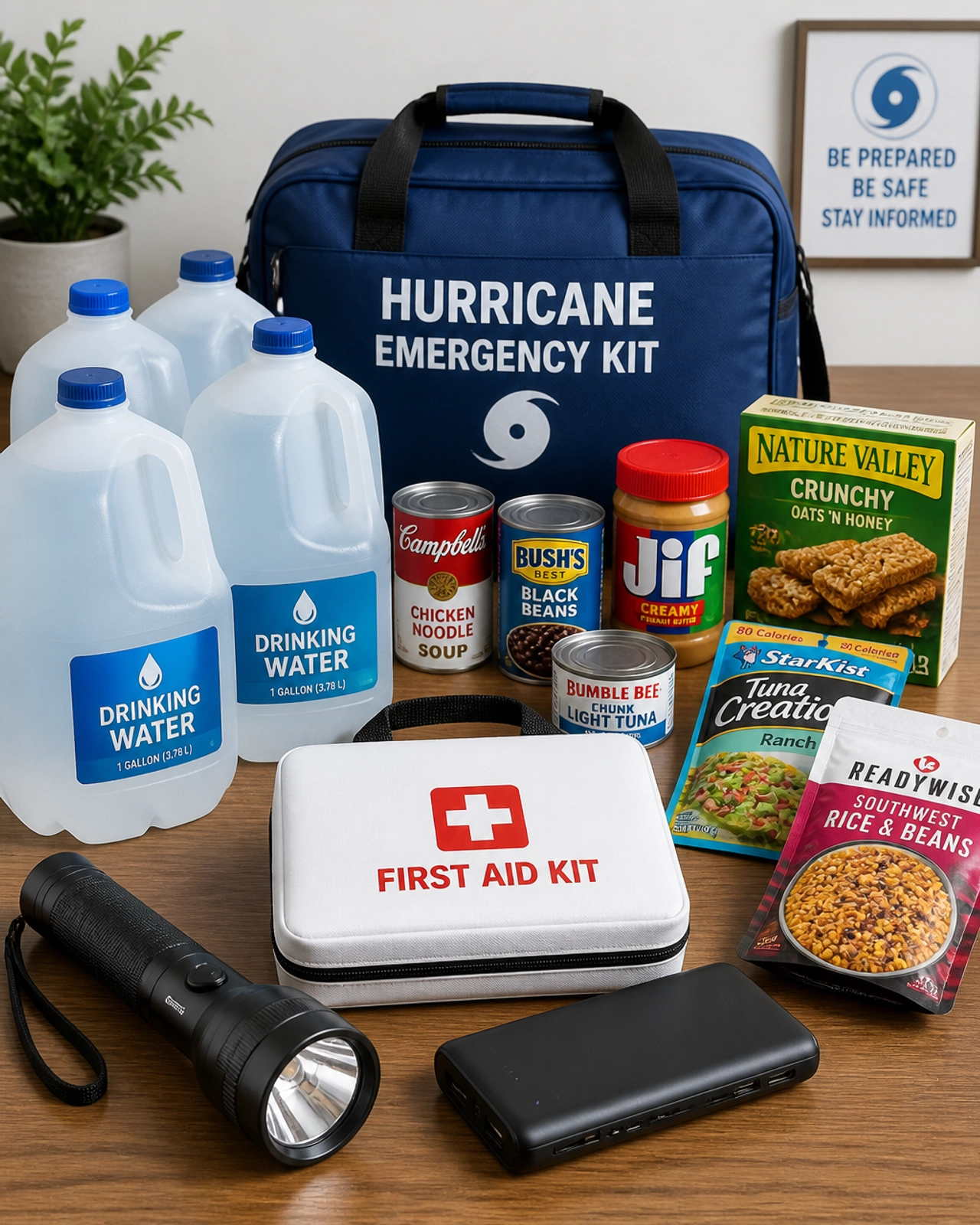 An organized hurricane emergency kit with water, food, and supplies.
