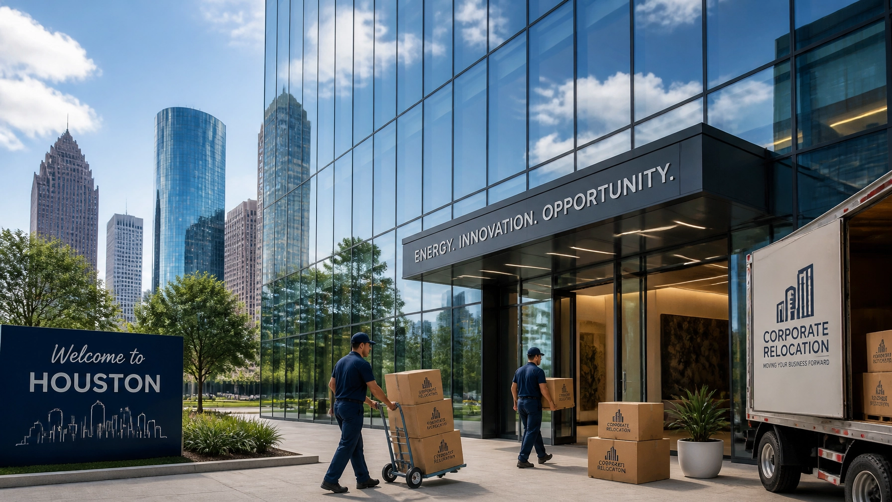 Modern corporate office building in Houston representing relocation trends