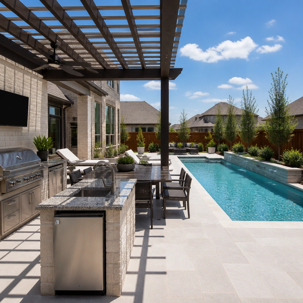 A sleek, modern outdoor kitchen and dining area next to a minimalist rectangular swimming pool in a Pearland, Texas suburb.