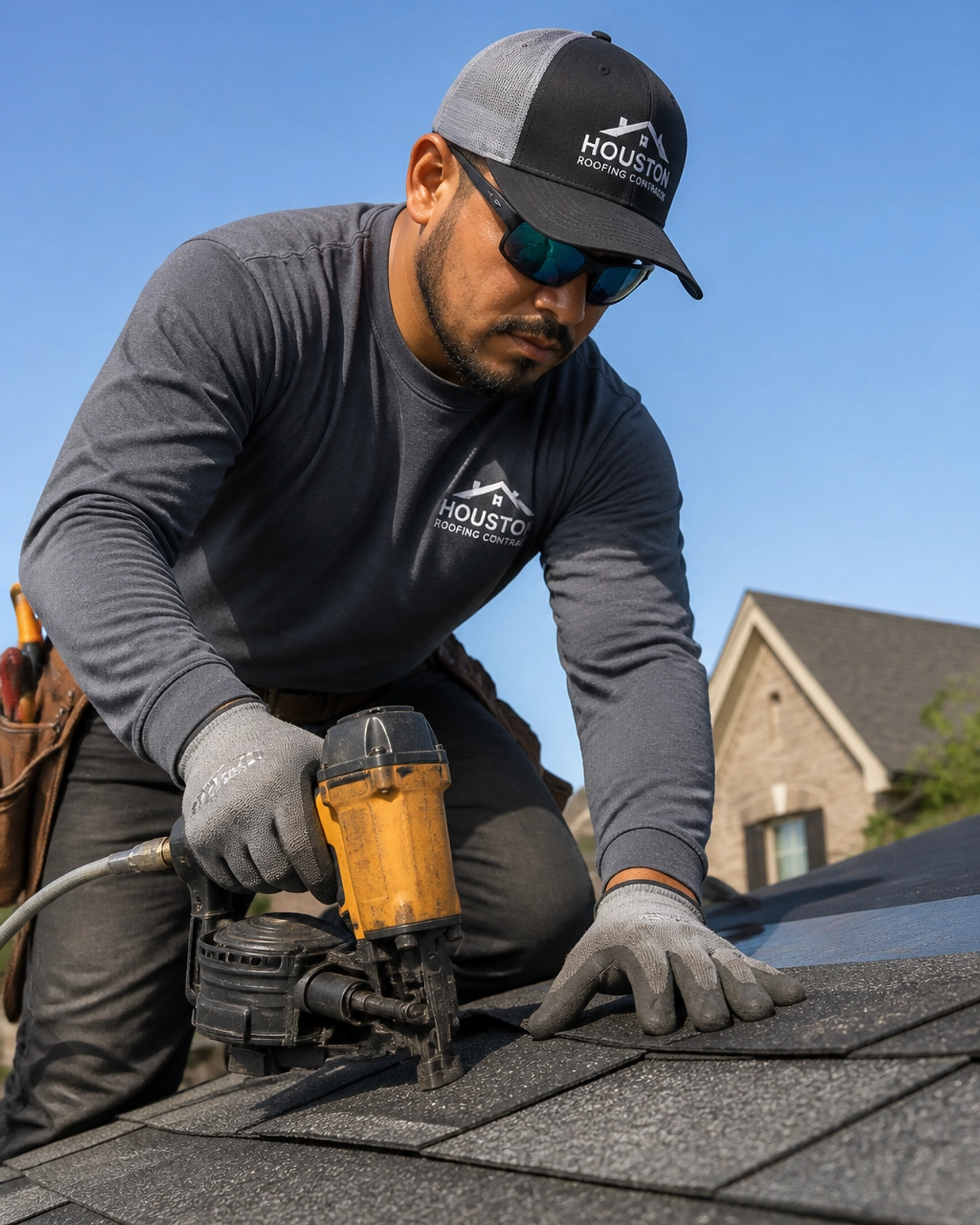 A professional roofing contractor installing impact-resistant shingles on a Houston home to help lower insurance costs.