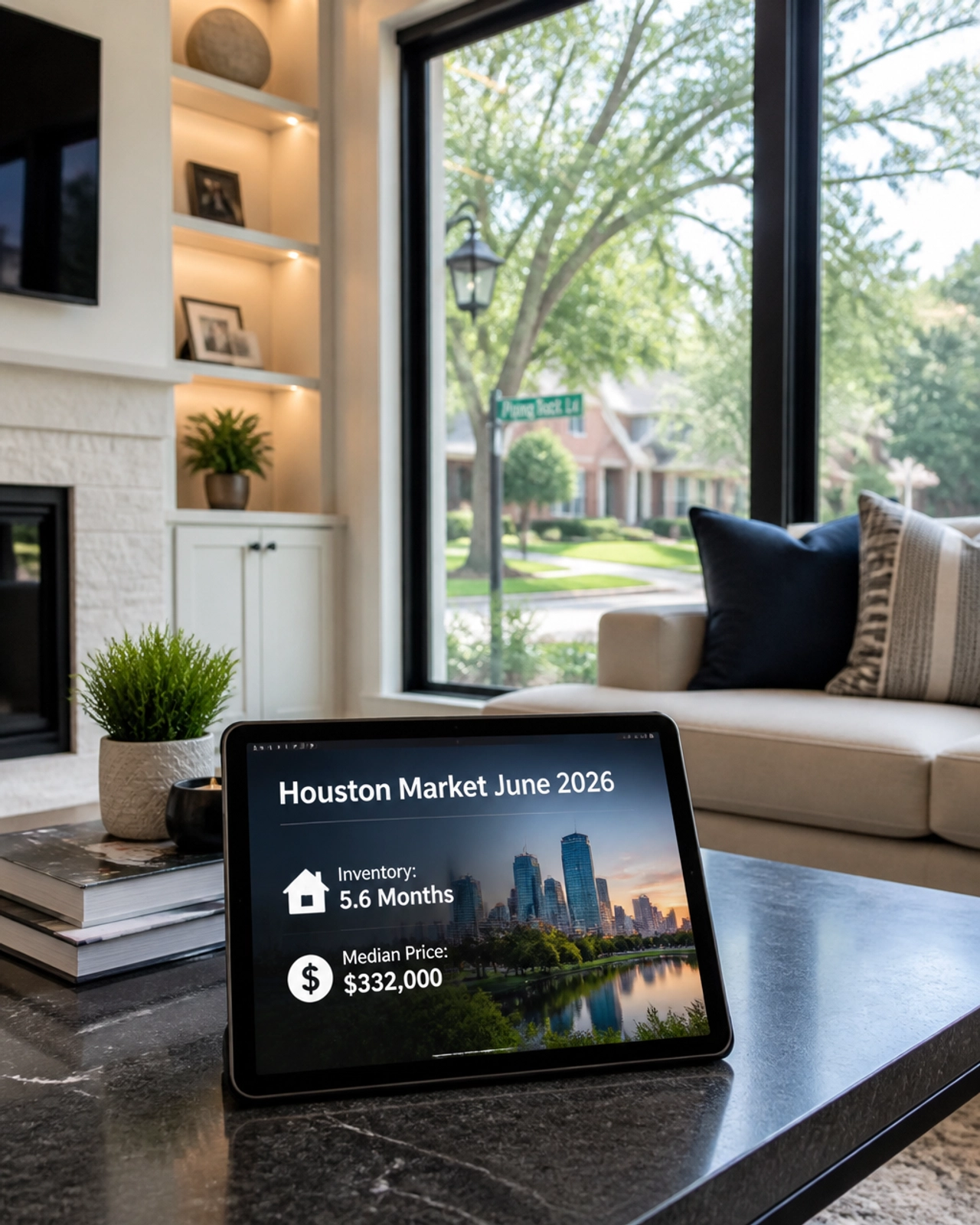 Houston Market Infographic showing 5.6 months of inventory and $332,000 median price.