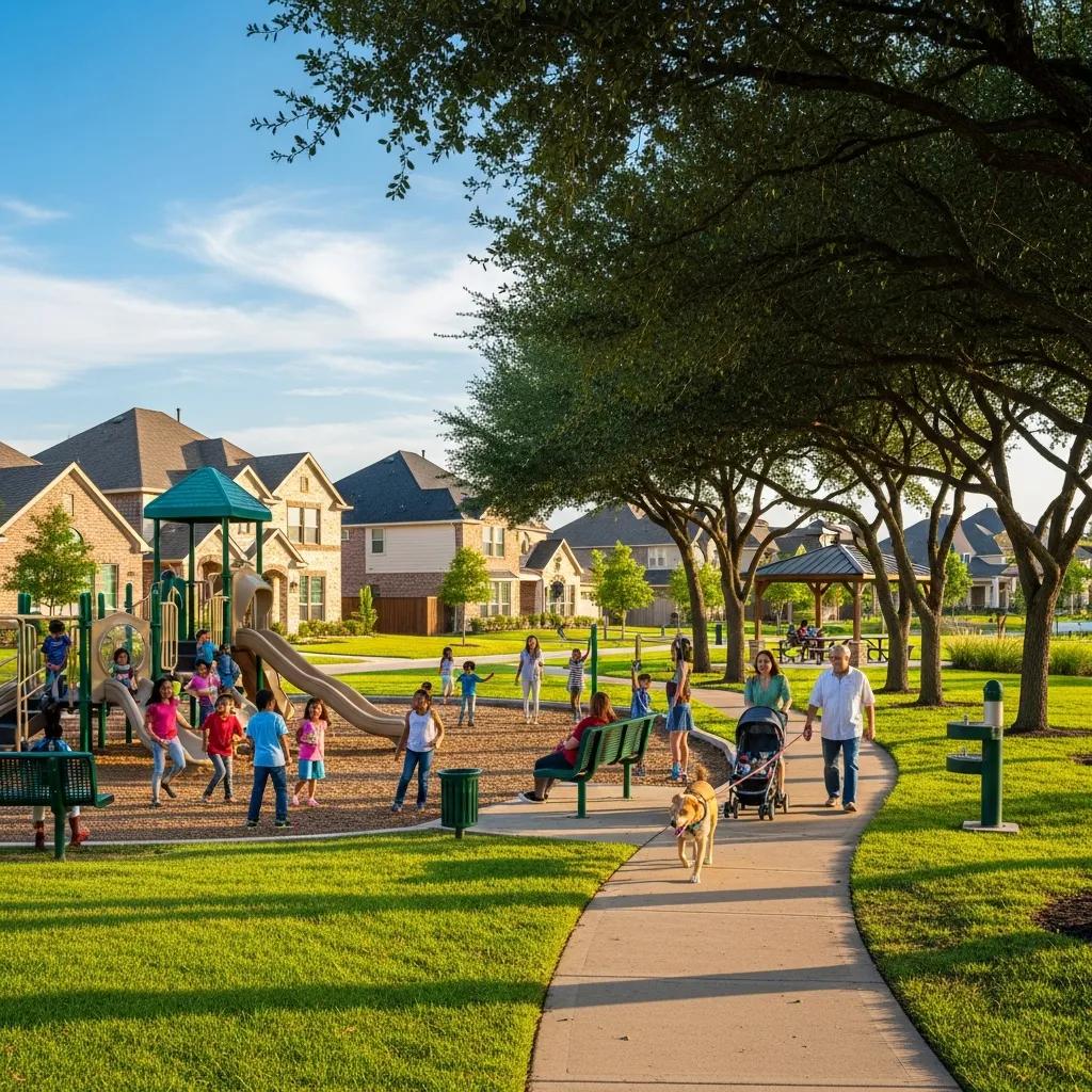 Family-friendly park in a leading Sugar Land neighborhood with children playing