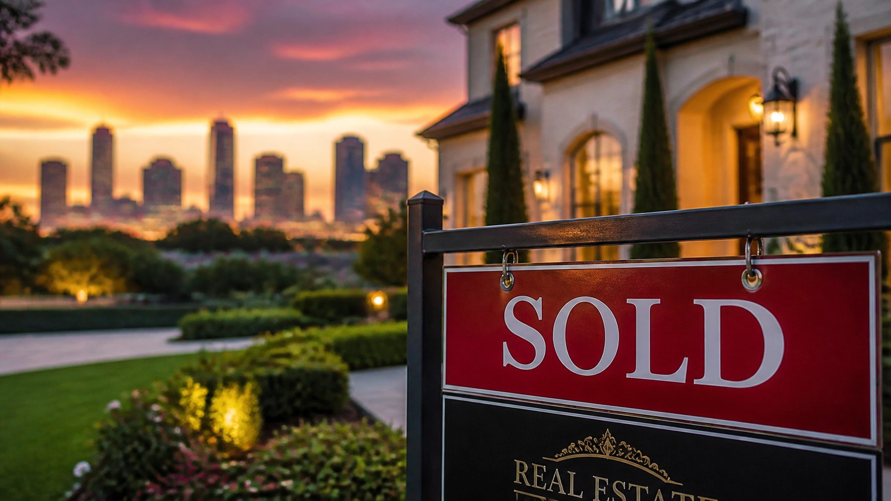 Sold sign in a Houston yard at sunset