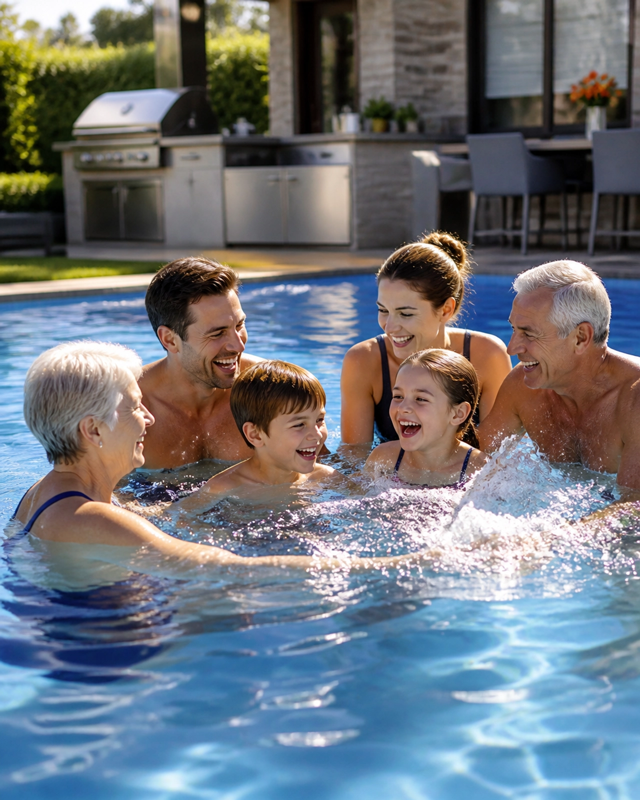 A happy multi-generational family splashing and laughing in a beautiful backyard swimming pool