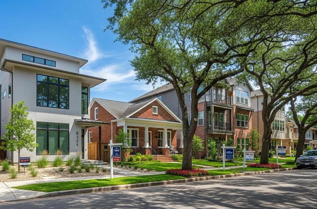 Houston neighborhood with diverse homes and greenery, representing the real estate market