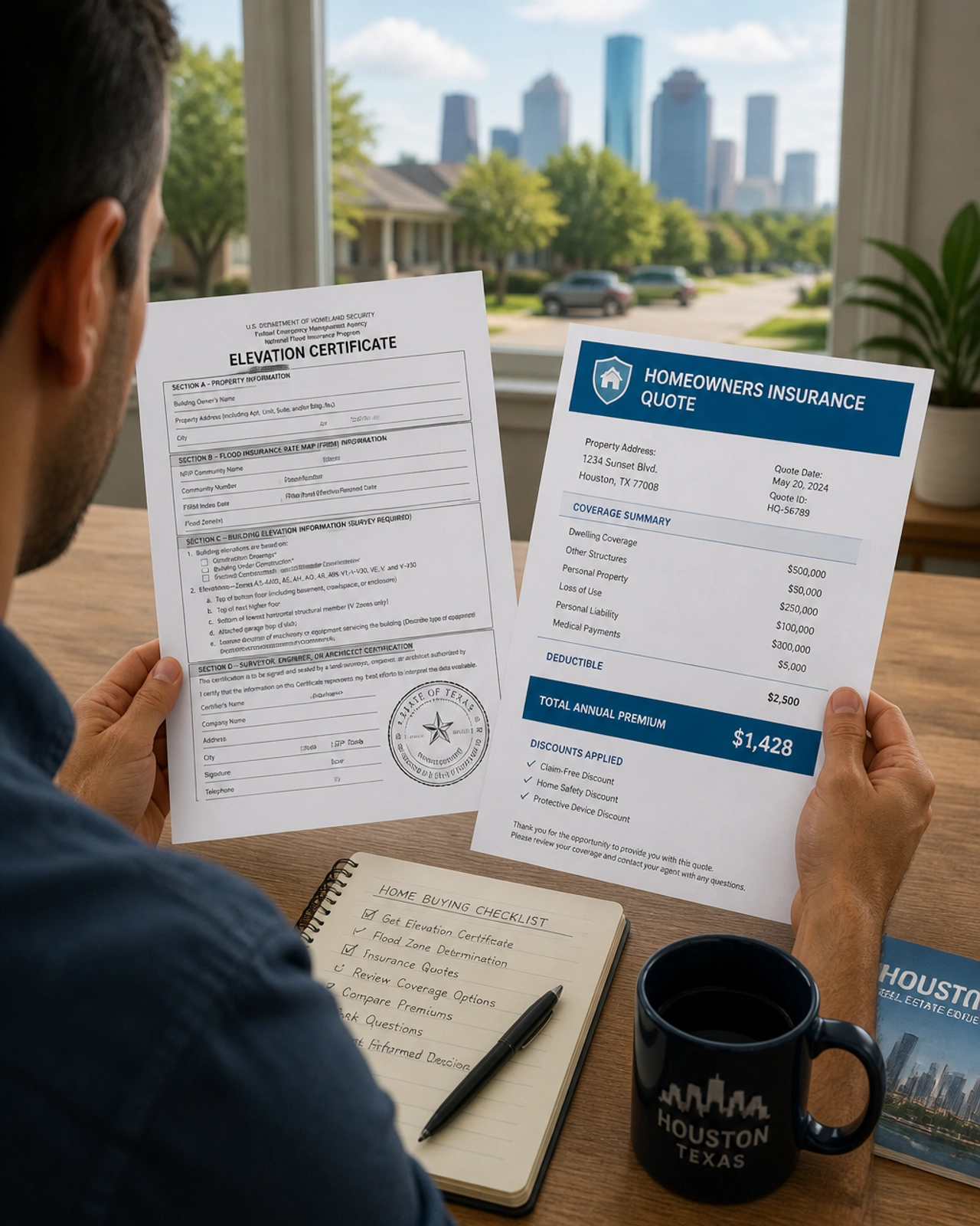 An Elevation Certificate and insurance documents being reviewed by a homebuyer.