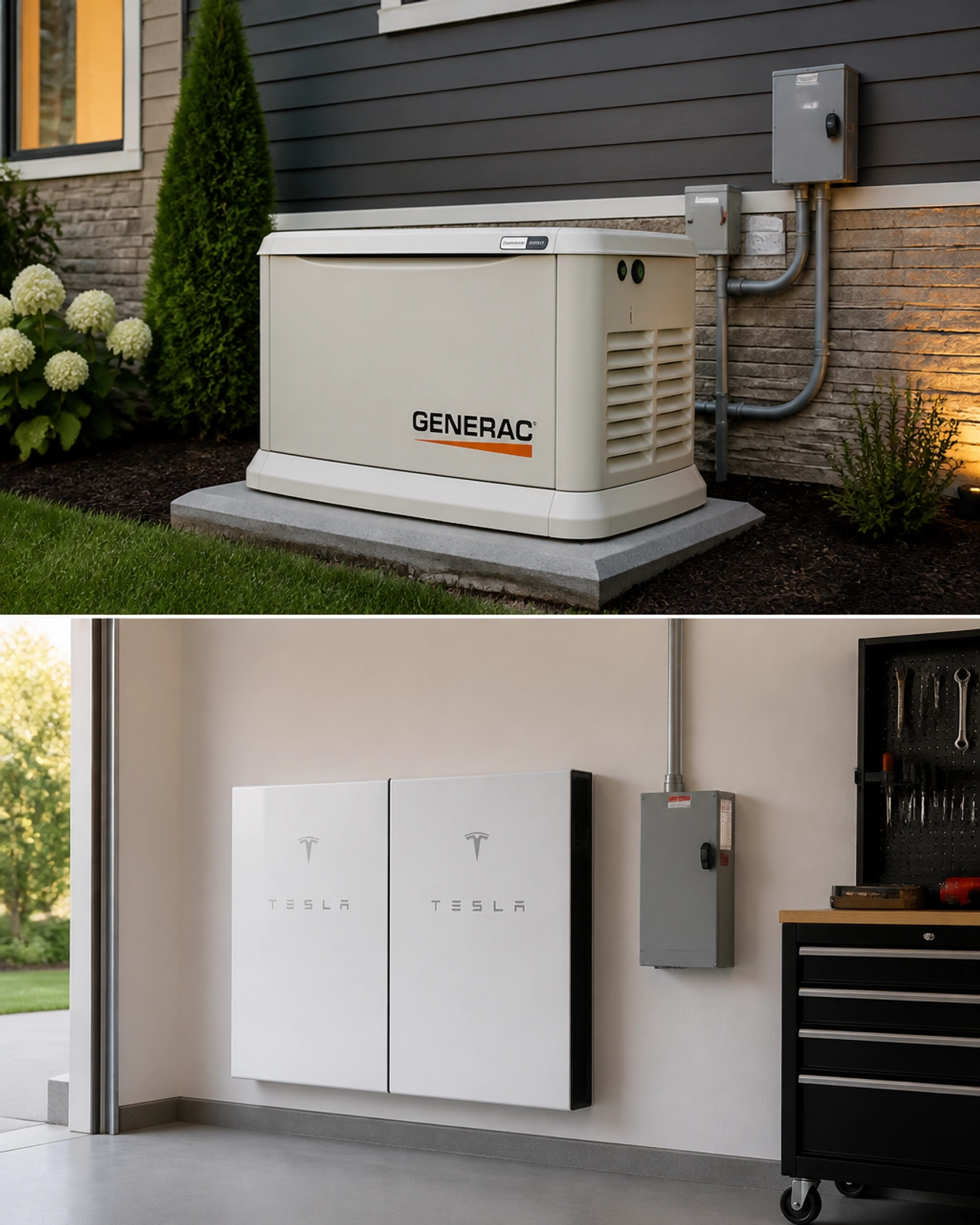 A whole-home standby generator installed neatly on a concrete pad.
