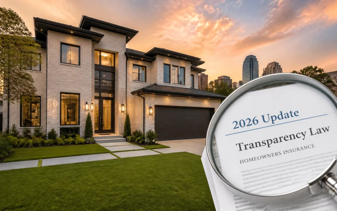 Modern Houston home with a magnifying glass over an insurance document showing 2026 Transparency Law updates