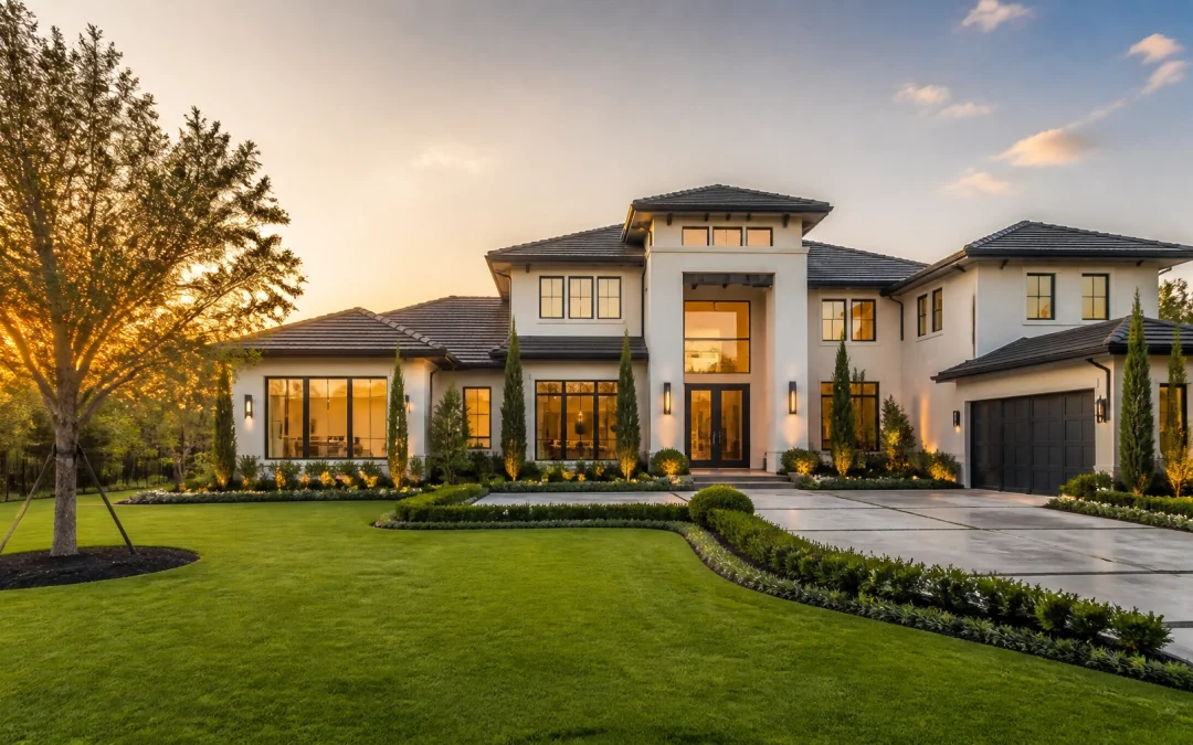 A stunning, high-end Houston suburban home at golden hour, showcasing professional real estate photography.