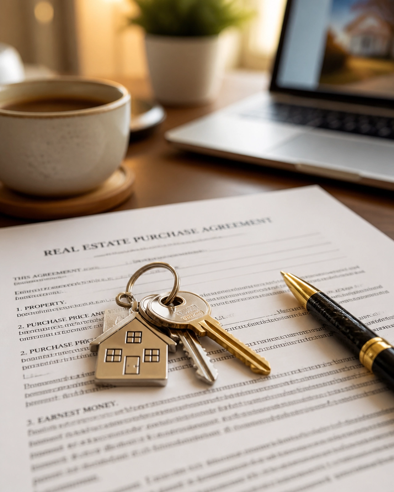 Close-up of keys and a real estate contract