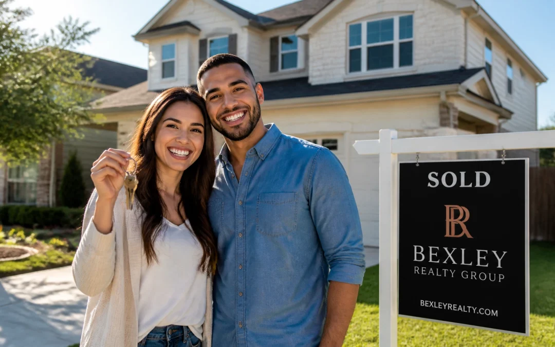 A diverse young couple celebrating their new home purchase in a sunny Houston suburb, holding keys in front of a modern house with a Bexley Realty Group Sold sign.