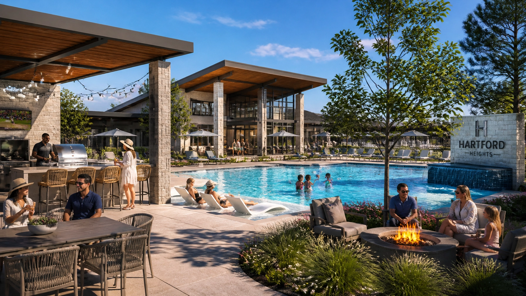Modern community amenities including a resort-style pool and outdoor kitchen