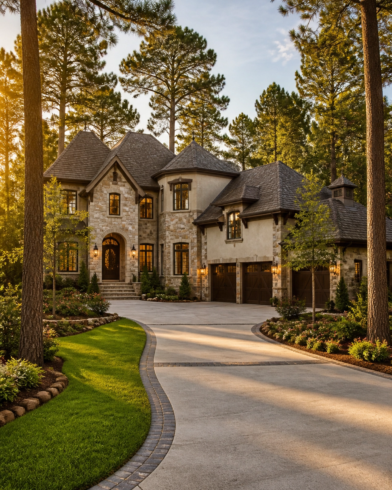 A luxury custom home in The Woodlands surrounded by mature pine trees