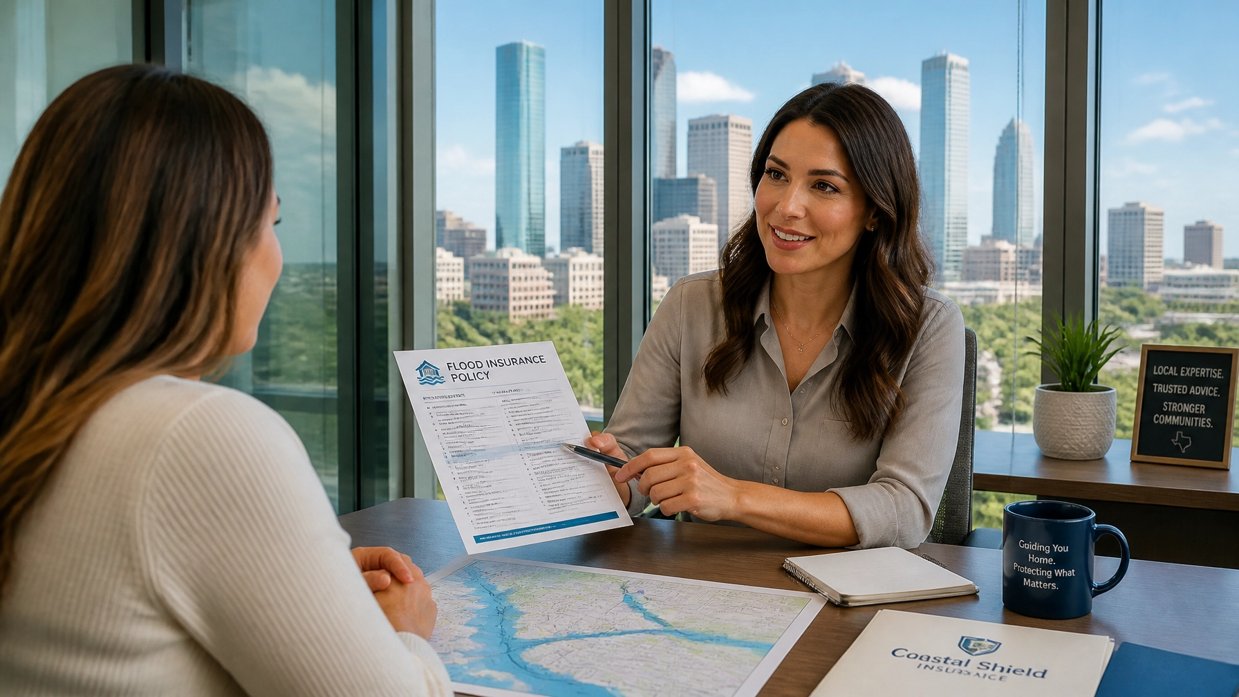 Real estate consultant discussing flood policy with client