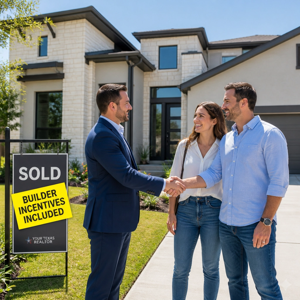A real estate agent and a happy couple shaking hands in front of a modern home with a 'Sold' sign that has a builder incentives sticker.